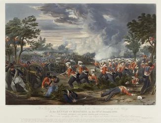 El 31º Regimiento, la División de Sir Harry Smith avanzando al ataque en la Batalla de Moodkee 18 de diciembre de 1845, publicado por Rudolph Ackermann, 18 de junio de 1848